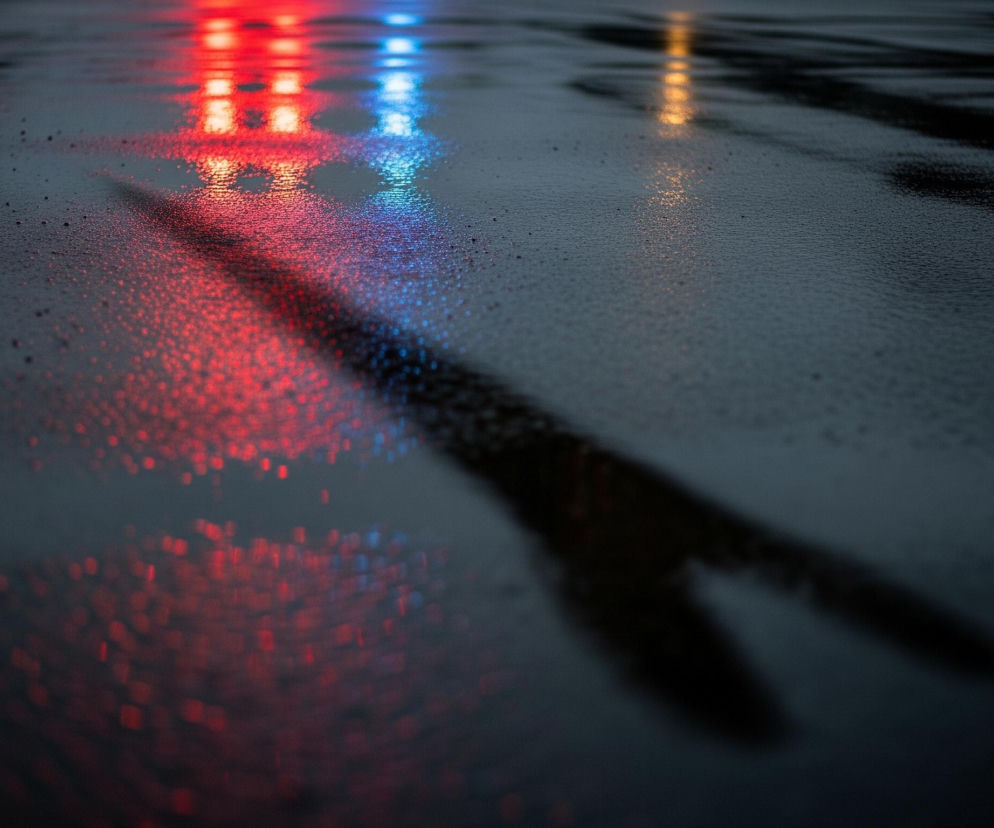 Powierzchnia ciemnej, mokrej nawierzchni odbija intensywne, rozproszone światła. W górnej części widoczne są wyraźne odbicia czerwonych i niebieskich świateł, układające się w rzędy prostokątnych plam. Prawa strona ukazuje również smugę pomarańczowego światła, natomiast na pierwszym planie widoczny jest rozmazany, ciemny kształt przypominający widelec lub literę Y, prawdopodobnie spowodowany poruszeniem wody lub odbiciem obiektu. Całość charakteryzuje się ziarnistą teksturą spowodowaną kroplami wody na powierzchni.