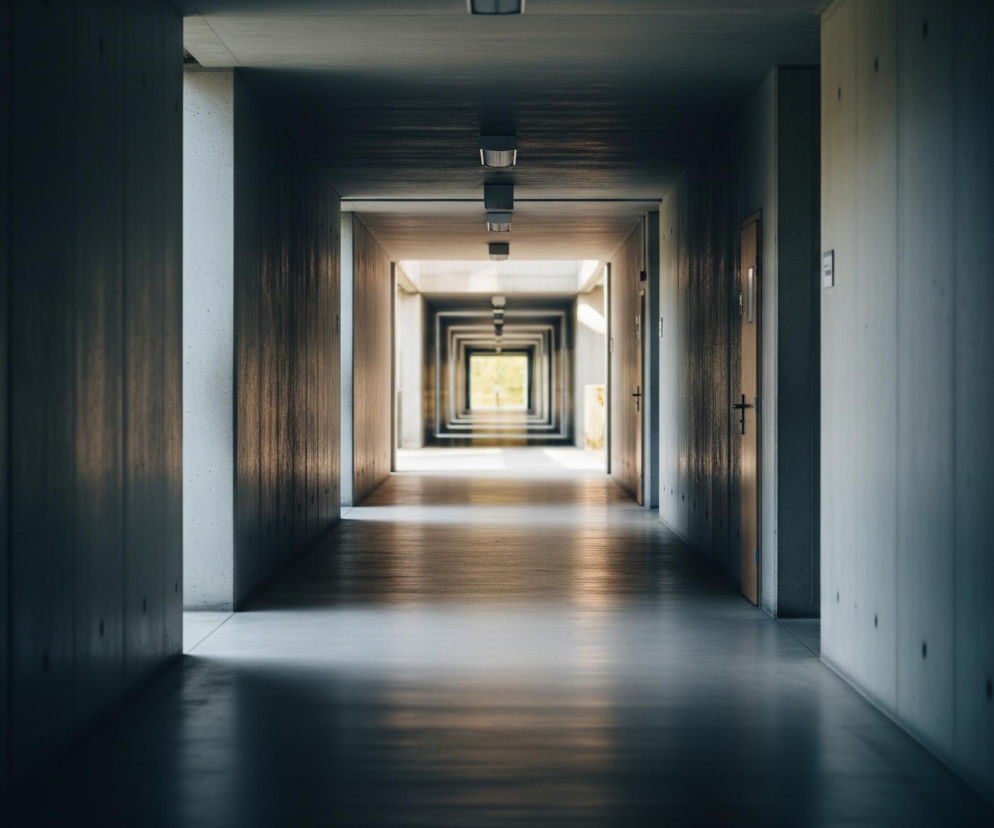 Długi, prosty korytarz, zbudowany z materiałów przypominających beton i drewno, rozciąga się w głąb obrazu, zwężając się perspektywicznie. Sufit i podłoga są jasnoszare, natomiast ściany boczne, bliżej widza, zanurzają się w cieniu, stopniowo jaśniejąc ku końcowi korytarza. Po obu stronach widoczne są brązowe, drewniane drzwi, natomiast sufit zdobi rząd prostokątnych opraw oświetleniowych. Na końcu korytarza, w otwartym przejściu, widać jaskrawe, naturalne światło oraz zieleń, co sugeruje wyjście na zewnątrz.