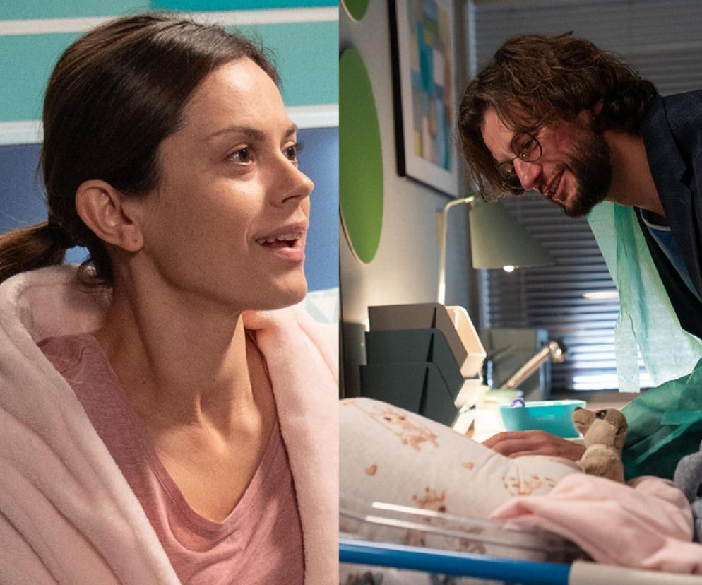 Aktorka Paulina Lasota jako Kasia w szpitalnym łóżku i aktor Mateusz Mosiewicz jako Mariusz pochylający się nad łóżeczkiem dziecka. Ta scena to kluczowy moment z serialu M jak miłość, który można śledzić na portalu Super Seriale.