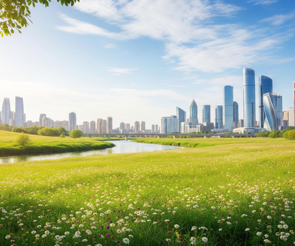 Rozległa łąka pokryta zieloną trawą i licznymi, drobnymi, białymi kwiatami rozciąga się w kierunku horyzontu. Przez środek kadru, łagodnie falując, przepływa rzeka o ciemnej, odbijającej światło powierzchni. Po jej obu stronach wznoszą się trawiaste wzgórza, z pojedynczymi drzewami i kępami zieleni, prowadzące do panoramy miasta z licznymi wysokimi wieżowcami o szklanych elewacjach w różnych odcieniach błękitu i szarości, a także jednym wieżowcem z elementami różu i pomarańczu. Niebo nad miastem jest jasnoniebieskie z kilkoma białymi chmurami, a w górnym lewym rogu widoczne są liście drzewa, zza których przebija jasne, słoneczne światło.
