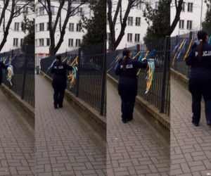 Skandaliczne zachowanie warszawskiej policjantki. Zerwała ukraińskie symbole narodowe
