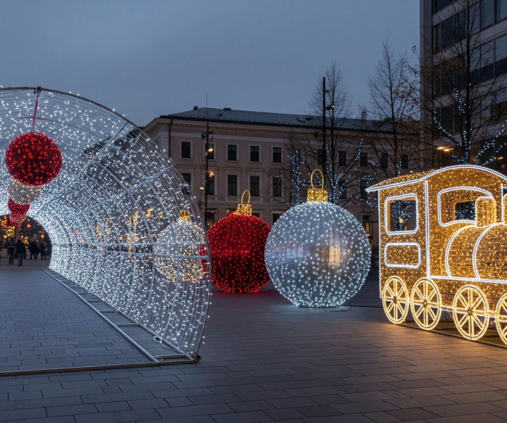Na szerokim, brukowanym placu rozciąga się tunel świetlny o białych, migoczących lampkach, prowadzący w głąb ulicy, gdzie widać sylwetki ludzi. Po prawej stronie, poza tunelem, stoi duża, podświetlona na ciepły, żółty kolor lokomotywa, a obok niej dwie kule imitujące ozdoby choinkowe – jedna biała i jedna czerwona. Tło stanowią budynki z oknami oraz drzewa bez liści, ozdobione delikatnymi, białymi światełkami. Cała scena jest oświetlona, a niebo nad nią jest w odcieniach szarości.