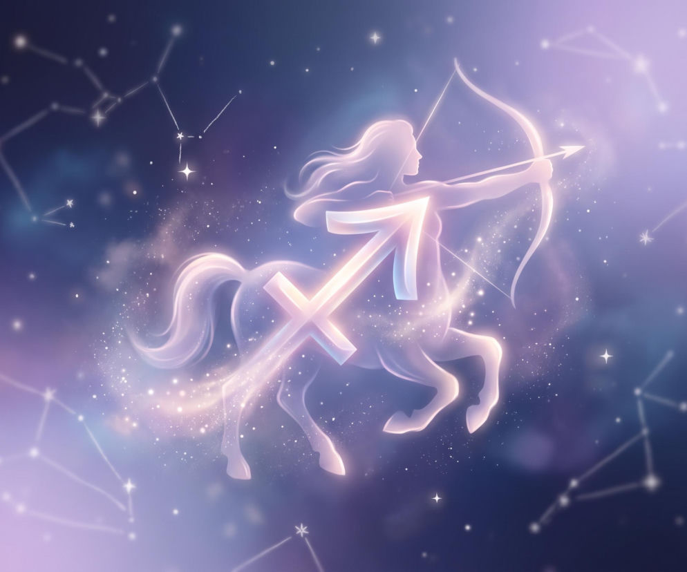Świecący symbol znaku zodiaku Strzelec na tle nocnego nieba i konstelacji. O horoskopie dziennym przeczytasz na Eska.
