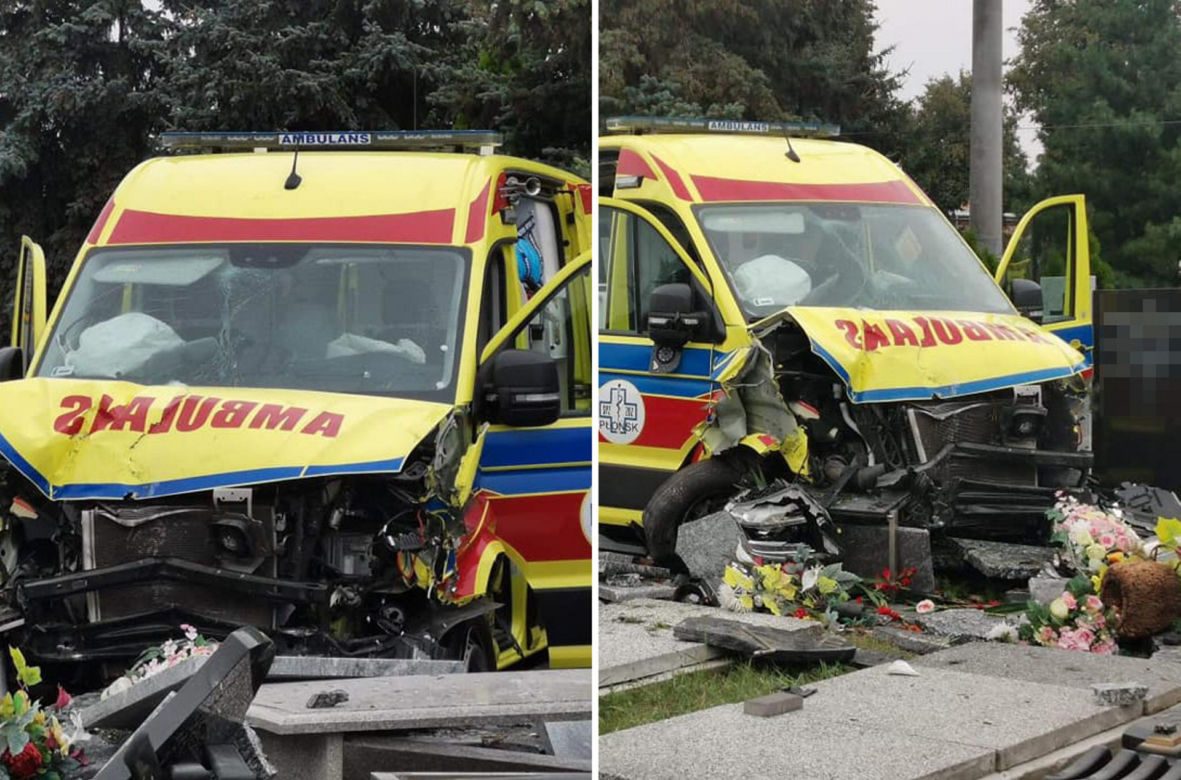 Szokujący wypadek karetki pod Płockiem! 46-latek przerwał ogrodzenie i zniszczył groby [ZDJĘCIA]