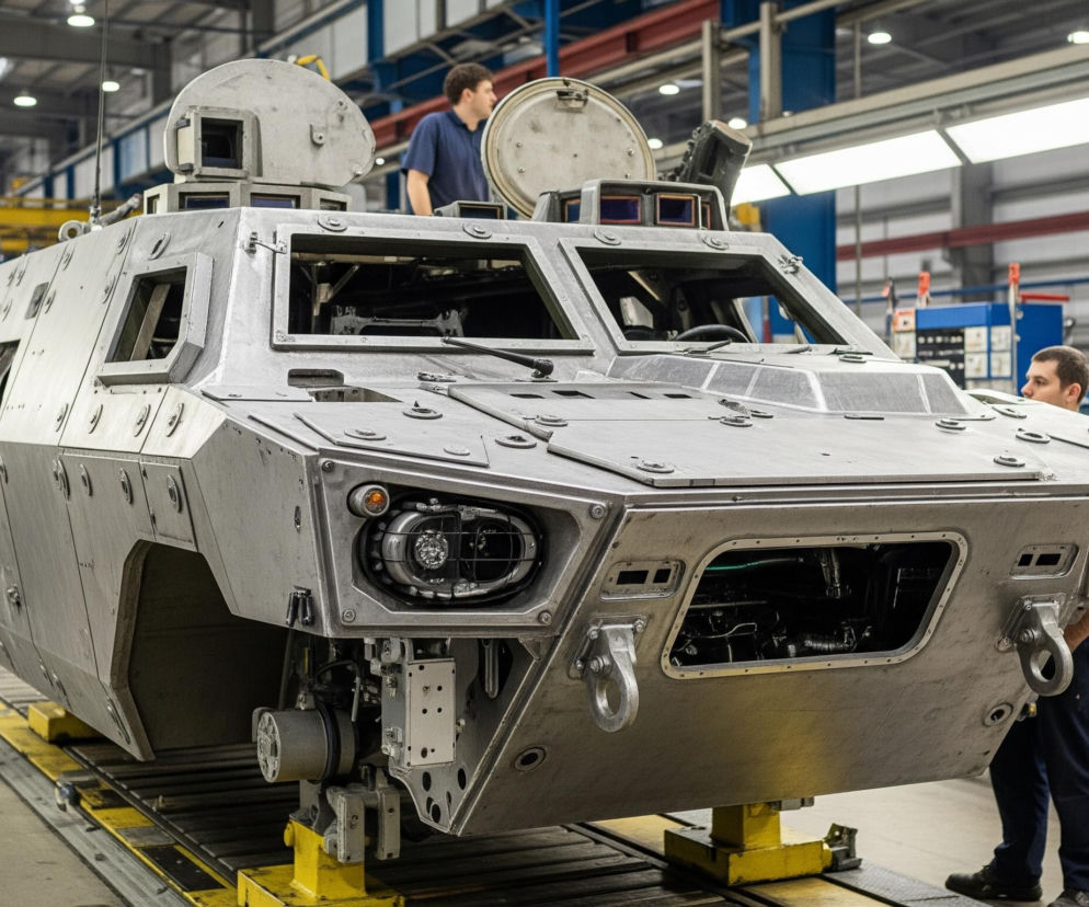 Szarawy, opancerzony pojazd o kanciastych kształtach dominuje centralną część obrazu, spoczywając na żółtych podporach w dużej hali fabrycznej. Pojazd posiada nieukończoną karoserię z licznymi śrubami i widocznymi otworami, takimi jak prostokątne otwory na szyby przednie i boczne, a także okrągłe otwory na górze. W przedniej części pojazdu widoczne są częściowo zamontowane reflektory z pomarańczowymi kierunkowskazami.

Wokół pojazdu krzątają się mężczyźni w ciemnoniebieskich uniformach, zajmując się montażem. W tle widać kolejne, podobne pojazdy, a także elementy wyposażenia fabrycznego, takie jak belki konstrukcyjne, oświetlenie sufitowe oraz regały i wózki z narzędziami. Całość utrzymana jest w chłodnej, przemysłowej kolorystyce, z dominującymi szarościami, błękitami i żółtymi akcentami.