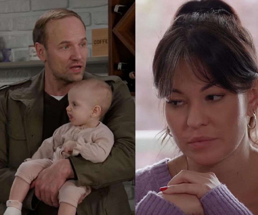 Kolaż zdjęć z serialu Pierwsza miłość: po lewej Maciej Mikołajczyk (Janek) w zielonej kurtce trzyma niemowlę w jasnym ubranku; po prawej Sylwia Sokołowska (Lilka) zamyślona, patrząca w dół, z dłońmi złożonymi pod brodą, ubrana w fioletowy sweter. Więcej o intrydze Lilki znajdziesz na Super Seriale.