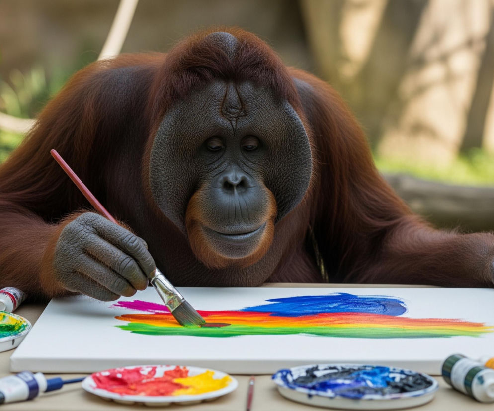 Duży orangutan o brązowo-rudym futrze i ciemnej twarzy z wyraźnie zarysowanymi policzkami, maluje na białym płótnie. Lewą ręką trzyma czerwony pędzel, którym nakłada zieloną farbę, tworząc na płótnie poziome pasy w kolorach tęczy: niebieski, fioletowy, czerwony, pomarańczowy, żółty i zielony. Przed zwierzęciem, na beżowym blacie, leżą tubki z farbami, słoiczki oraz paletki z resztkami farb w różnych kolorach. Tło obrazu jest rozmyte, z widocznymi zielonymi liśćmi i jasnymi plamami światła.