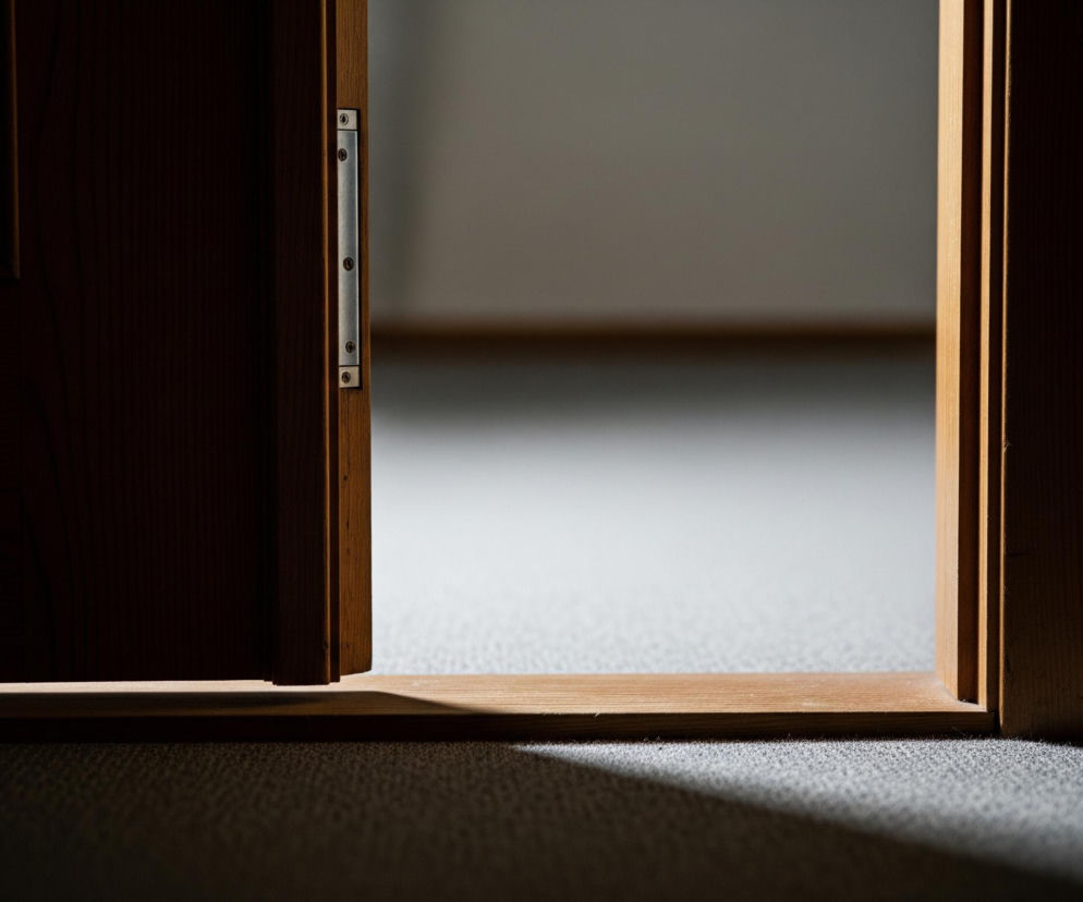 Uchylone drewniane drzwi ciemnego koloru znajdują się po lewej stronie obrazu, ukazując fragment jasnego pomieszczenia. Widoczny jest metalowy element zawiasu drzwiowego o srebrzystym odcieniu, przymocowany sześcioma śrubami do brązowej futryny. Pod drzwiami i futryną rozciąga się podłoga pokryta jasnoszarym dywanem, na którym wyraźnie widać padający cień. Wnętrze pomieszczenia, do którego prowadzą drzwi, jest jasne, z niewyraźnym tłem, gdzie ściany są w odcieniach szarości, a podłoga pokryta jest jaśniejszym dywanem.