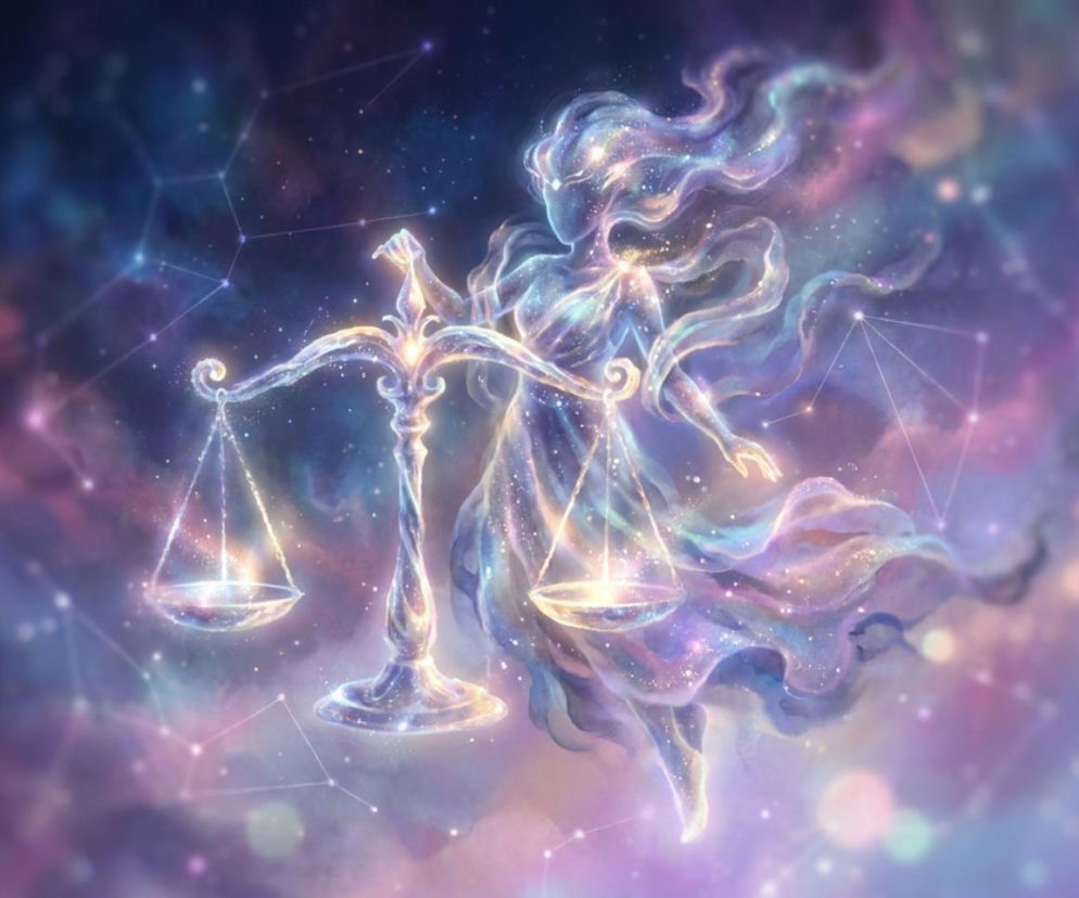 Ilustracja znaku zodiaku Wagi, przedstawiająca eteryczną postać z lśniącą wagą pośrodku gwiezdnej konstelacji. Fioletowe, różowe i niebieskie odcienie emanują z tła, symbolizując harmonię i równowagę w horoskopie dziennym na naszym portalu.