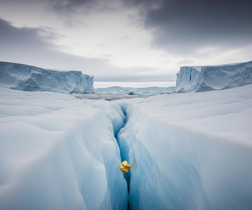 Długa, głęboka szczelina w lodowcu rozciąga się od pierwszego planu w kierunku horyzontu. Wewnątrz tej szczeliny, na lewej ścianie, widoczny jest pojedynczy, nieregularny, złoty obiekt. Po obu stronach szczeliny rozciągają się faliste masy błękitno-białego lodu i śniegu, a dalej w tle wznoszą się potężne, pionowe ściany lodowca, które zdają się tworzyć kanion. Ponad lodowcami niebo jest zachmurzone, z wyraźnymi szarymi i białymi chmurami, a w oddali, między lodowymi ścianami, widać błękitno-szary horyzont.
