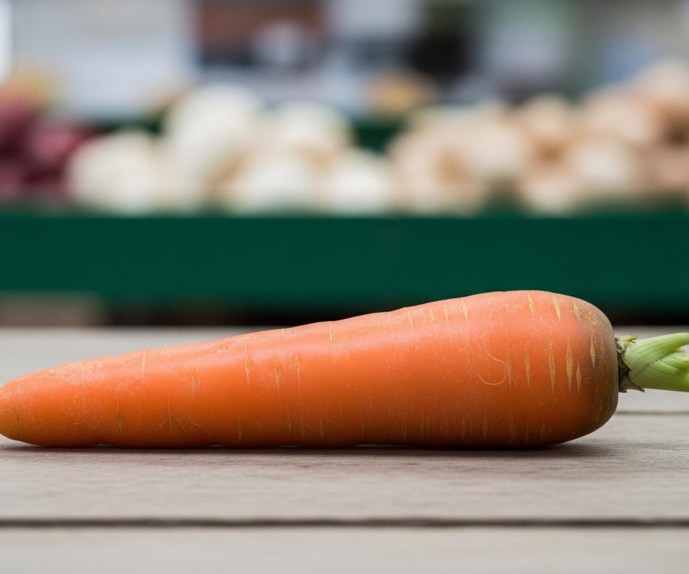 Pojedyncza, świeża marchewka o intensywnym pomarańczowym kolorze leży poziomo na drewnianej powierzchni. Jej powierzchnia jest lekko chropowata z widocznymi jaśniejszymi, pionowymi bruzdami. Z grubszego końca warzywa wyrasta krótka, zielona nać. Tło jest rozmyte, z niewyraźnymi plamami kolorów - zielonego, bordowego i beżowego, sugerującymi obecność innych warzyw lub produktów na straganie.