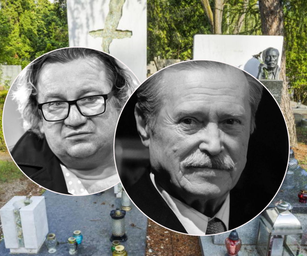 Dwa białe nagrobki. Na miniaturach Paweł Królikowski i Emil Karewicz. O grobach gwiazd przeczytasz na SE.