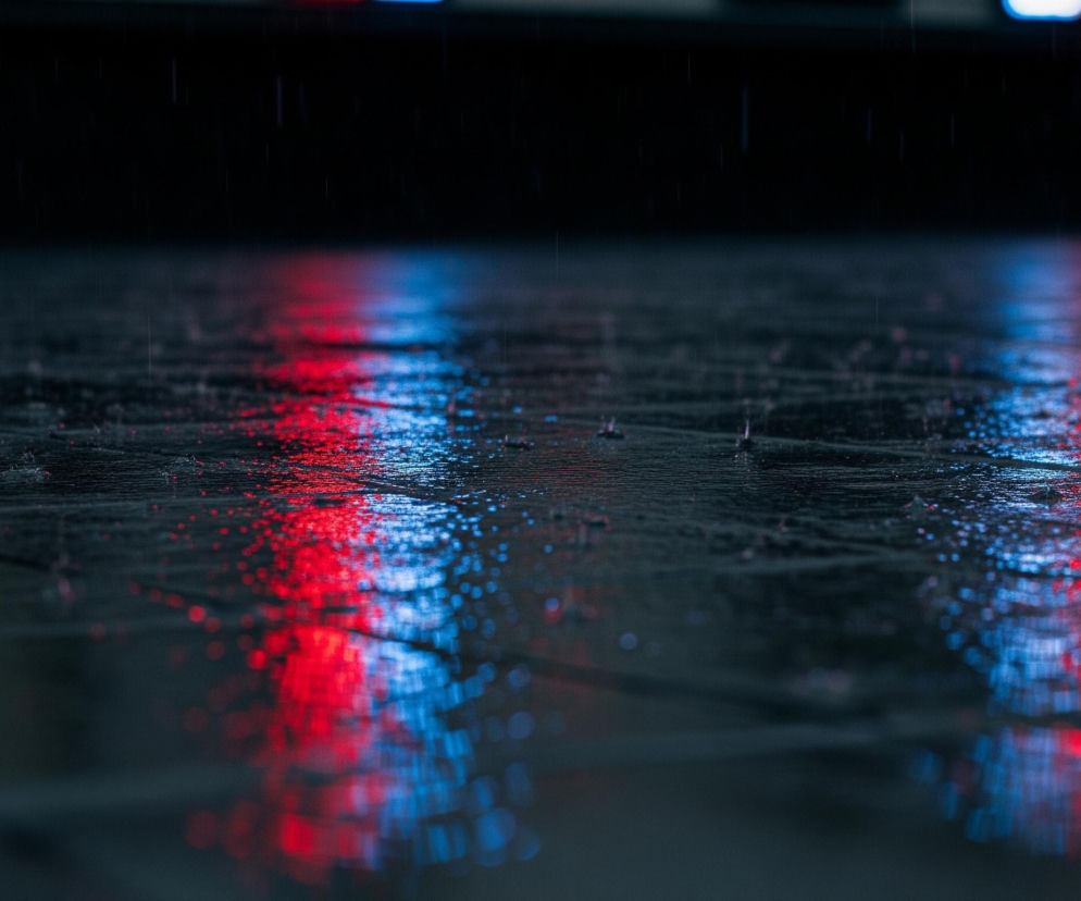 Głównym obiektem jest mokra powierzchnia, prawdopodobnie asfalt, pokryta drobnymi kroplami deszczu, w której odbijają się intensywnie czerwone i niebieskie światła. W górnej części kadru widoczna jest niewyraźna, ciemna struktura, z której pochodzą te światła, przypominające belki świetlne pojazdu uprzywilejowanego. Cała scena jest utrzymana w ciemnych, chłodnych tonacjach, dominują barwy granatowe, czarne i szare, kontrastujące z żywymi, odbitymi kolorami. Delikatne zmarszczki na powierzchni wody i widoczne wpadające krople dodają dynamiki.