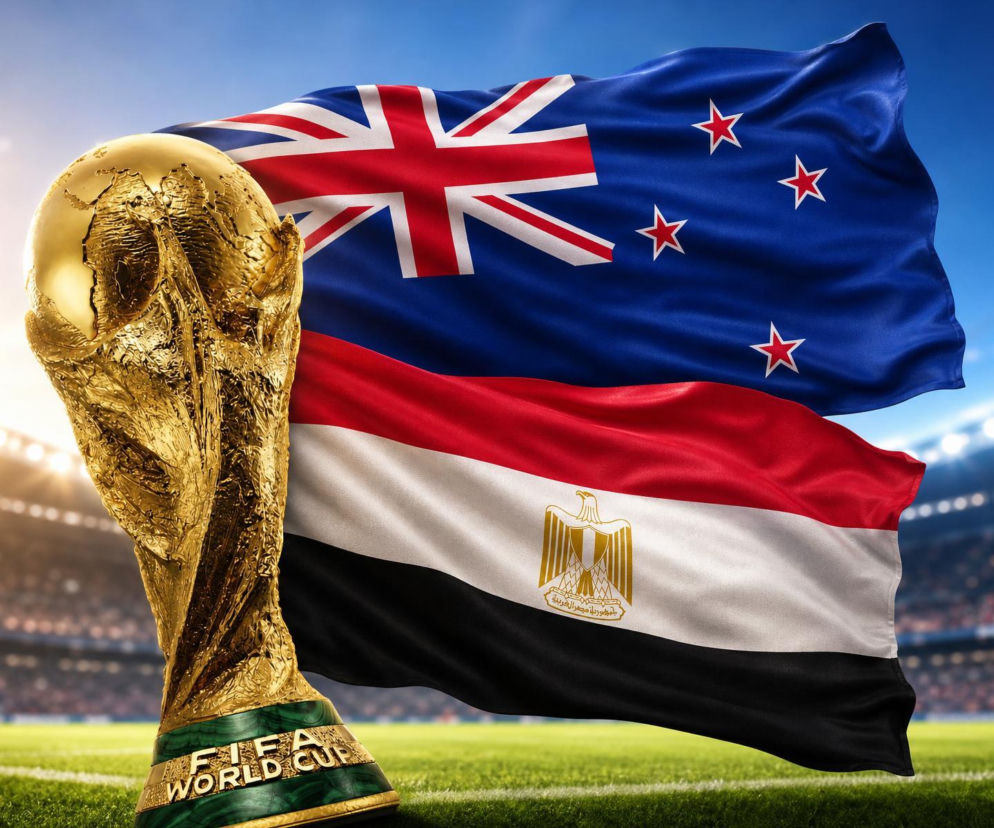 Złoty Puchar Świata FIFA na tle flag Nowej Zelandii i Egiptu, powiewających dynamicznie nad zieloną murawą stadionu piłkarskiego podczas meczu Mundialu 2026. Całość symbolizuje rywalizację i emocje związane z piłką nożną, o których można przeczytać na naszym portalu.