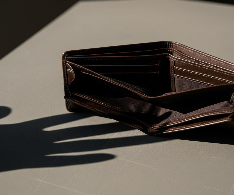 Pusty, brązowy portfel leży otwarty na szarej powierzchni, w prawej części kadru. Widoczne są jego wewnętrzne przegródki, również w ciemniejszych odcieniach brązu, z jaśniejszymi, wyraźnymi szwami. Na lewej części powierzchni rozciąga się ciemny cień dłoni, z wyraźnym konturem palców. Światło pada z lewej strony, tworząc kontrast między jasną powierzchnią a ciemnymi obszarami cienia i wnętrza portfela.