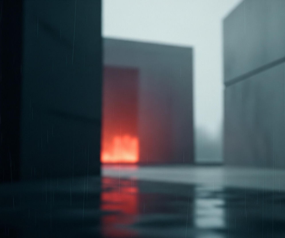 Perspektywę korytarza lub uliczki pomiędzy szarymi, prostopadłościennymi budynkami w deszczowy dzień. Dwa główne bloki dominują po bokach, z wyraźną linią horyzontu na prawo, wskazującą na krawędź budynku. Na końcu przejścia widoczny jest jasny, rozmyty czerwono-pomarańczowy blask, prawdopodobnie pochodzący z wejścia lub świetlistej struktury, odbijający się na mokrej powierzchni ziemi. Delikatne smugi deszczu są widoczne na całej powierzchni obrazu.