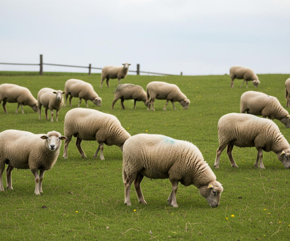 Stado owiec pasie się na rozległym, zielonym pastwisku pod jasnoszarym niebem. Kilkanaście owiec o beżowej wełnie rozrzuconych jest po całym kadrze, większość z nich pochyla głowy, skubiąc trawę, a jedna owca na pierwszym planie, po lewej stronie, patrzy prosto w obiektyw. Na jednej z owiec w centrum kadru, po prawej stronie, widać niebieskie oznaczenie na grzbiecie, a niektóre zwierzęta mają żółte kolczyki w uszach. W tle widoczny jest drewniany płot z poziomo ułożonych belek, oddzielający pastwisko od dalszej przestrzeni.