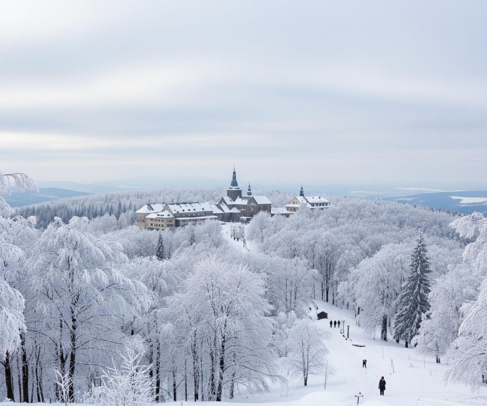 Panorama zimowego krajobrazu ukazuje rozległą, zaśnieżoną scenerię pod jasnym, zachmurzonym niebem. W centrum kompozycji znajduje się kompleks budynków z wyraźną, wysoką wieżą z ciemnym dachem i kilkoma mniejszymi wieżyczkami, otoczony gęstym, oprószonym śniegiem lasem. Na pierwszym planie po prawej stronie widać zaśnieżoną ścieżkę, którą podążają nieliczni ludzie w ciemnych ubraniach, w otoczeniu licznych drzew pokrytych grubą warstwą szronu i śniegu, tworzącymi białe korony. W tle rozciągają się zamglone, ośnieżone wzgórza i horyzont.