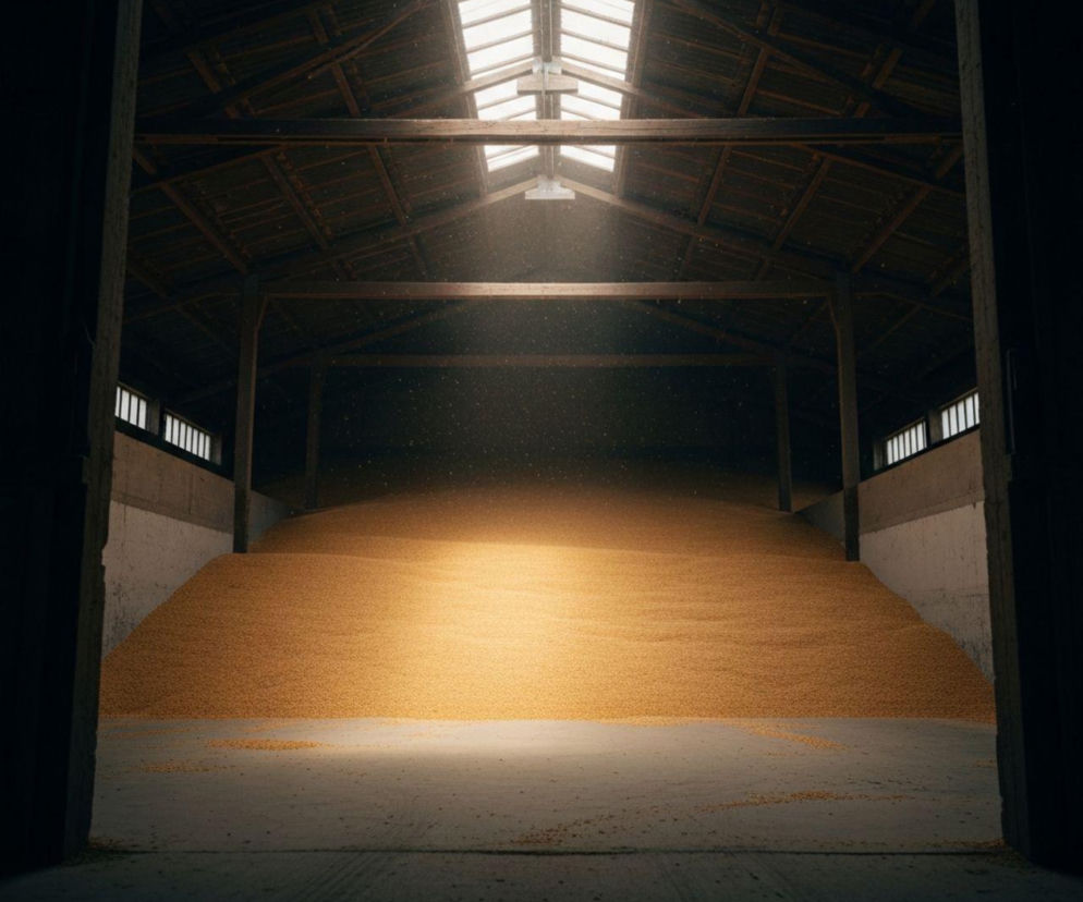 Duża pryzma jasnego zboża w ciemnym magazynie z drewnianymi belkami pod dachem i świetlikiem. Promienie słońca wpadające przez świetlik oświetlają pyłki kurzu nad zbożem. Zasięgnij wiedzy o sytuacji na rynku zbożowym na Super Biznes.