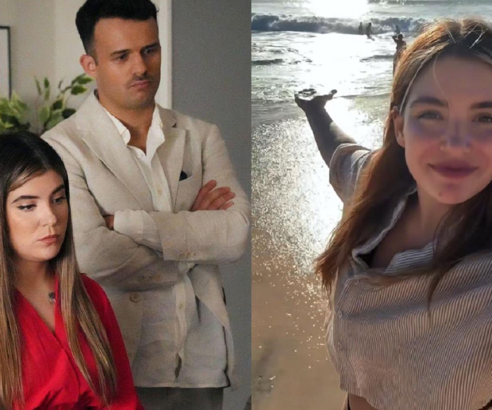 Natalia Zambrzycka jako Agata Pyrka w czerwonej bluzce i Olaf Staszkiewicz jako Ignacy z założonymi rękami w jasnym garniturze, oraz Natalia Zambrzycka uśmiechnięta na tle morza. Aktorka zapowiada nowe przygody swojej bohaterki Agaty, o których przeczytasz na portalu Super Seriale.