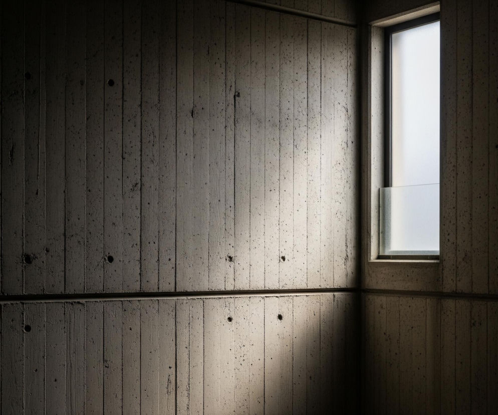 Wnętrze pomieszczenia z surowymi, betonowymi ścianami, które tworzą kąt prosty po prawej stronie. Pośrodku prawej ściany, a także częściowo na ścianie z tyłu, znajduje się wysokie i wąskie okno z matową szybą, przez które wpada jasne światło. Światło to rzuca ukośny, jasny pas na lewą, tylną ścianę, tworząc kontrast z ciemniejszymi partiami betonu. Struktura ścian jest wyraźnie widoczna, z pionowymi liniami i nieregularnymi wklęsłościami i wypukłościami, oraz poziomą fugą dzielącą ścianę na dwie części.