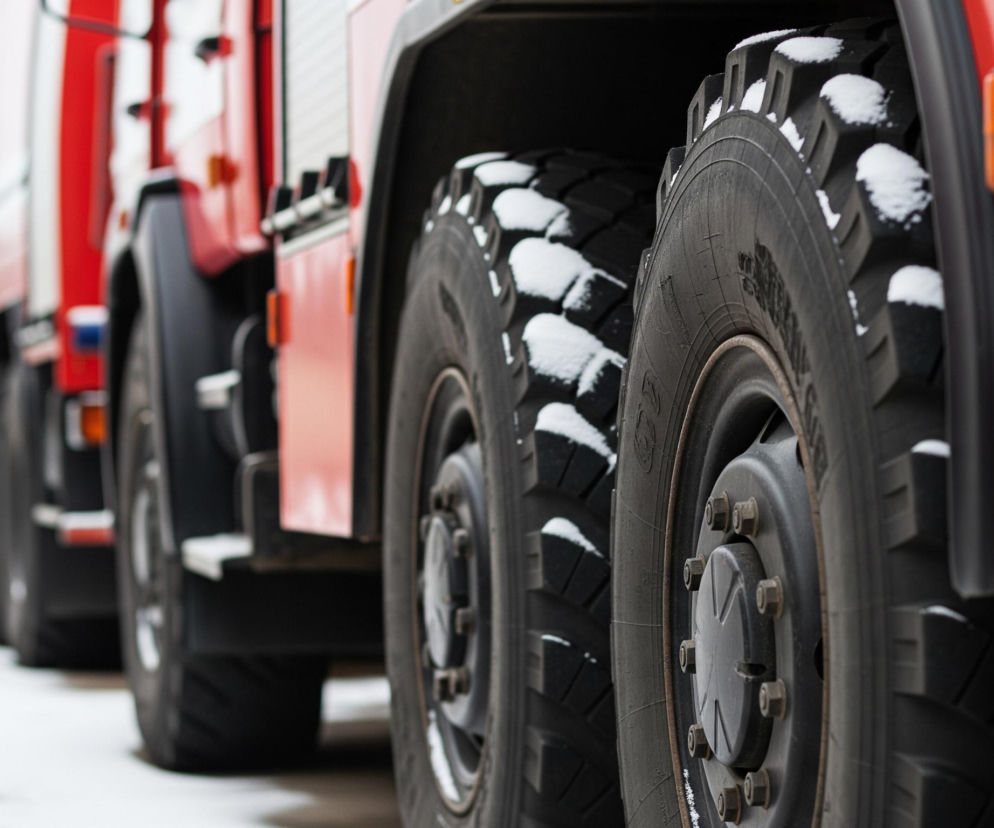 Czerwony pojazd ciężarowy, prawdopodobnie wóz strażacki, stoi zaparkowany na zaśnieżonej powierzchni. Przednie koła z grubymi, bieżnikowanymi oponami są pokryte warstwami śniegu. Obok widoczne są kolejne czerwone pojazdy tego samego typu, ustawione w rzędzie, z których tylko fragmenty są ostre, a tło jest rozmyte.