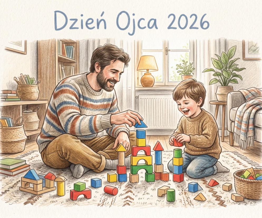 Uśmiechnięci ojciec i syn w swetrach bawią się na dywanie kolorowymi drewnianymi klockami, budując wieże, w otoczeniu domowego wnętrza z napisem Dzień Ojca 2026. O szczerych życzeniach dla taty przeczytasz na naszym portalu.