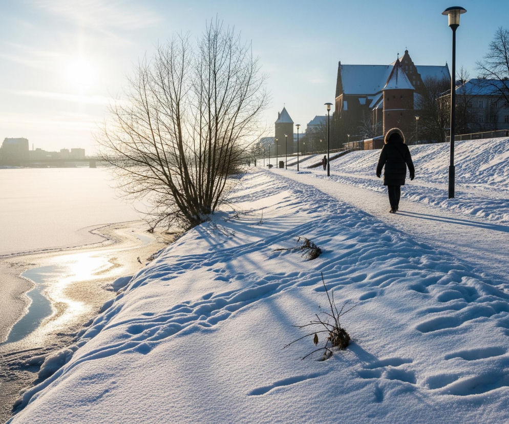Pochodząca z perspektywy niskiego kąta, zimowa scena przedstawia postać w ciemnej kurtce z kapturem, spacerującą po zaśnieżonej ścieżce wzdłuż zamarzniętej rzeki. Po prawej stronie widać zaśnieżony brzeg rzeki, oświetlony blaskiem zachodzącego słońca, które odbija się w otwartej wodzie tuż przy brzegu. W tle po prawej stronie wznosi się rząd historycznych budynków, w tym ceglane konstrukcje z czerwonymi dachami pokrytymi śniegiem, a dalej widać drzewa bez liści i latarnie uliczne. Lewa strona obrazu jest zdominowana przez odbicie jasnego, słonecznego nieba w zamarzniętej tafli wody, które miesza się z ciemniejszą, otwartą wodą rzeki po lewej stronie kadru.