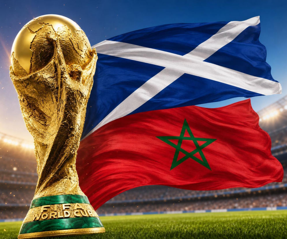 Puchar Świata FIFA na tle flag Szkocji i Maroka, powiewających nad stadionem wypełnionym kibicami podczas meczu Mundialu 2026. Szczegółowe informacje o statystykach tego spotkania znajdziesz na naszym portalu.