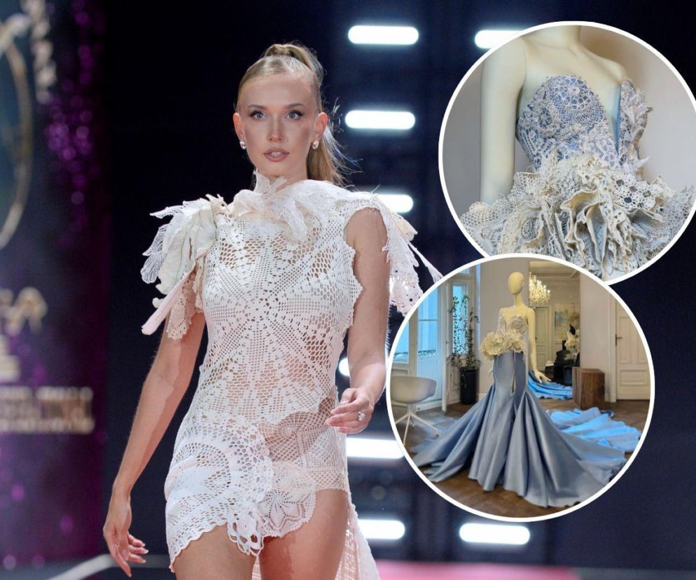 Oliwia Mikulska w białej sukni z koronek. Obok miniatury z detalami kreacji narodowej. O Miss Supranational przeczytasz na Eska.