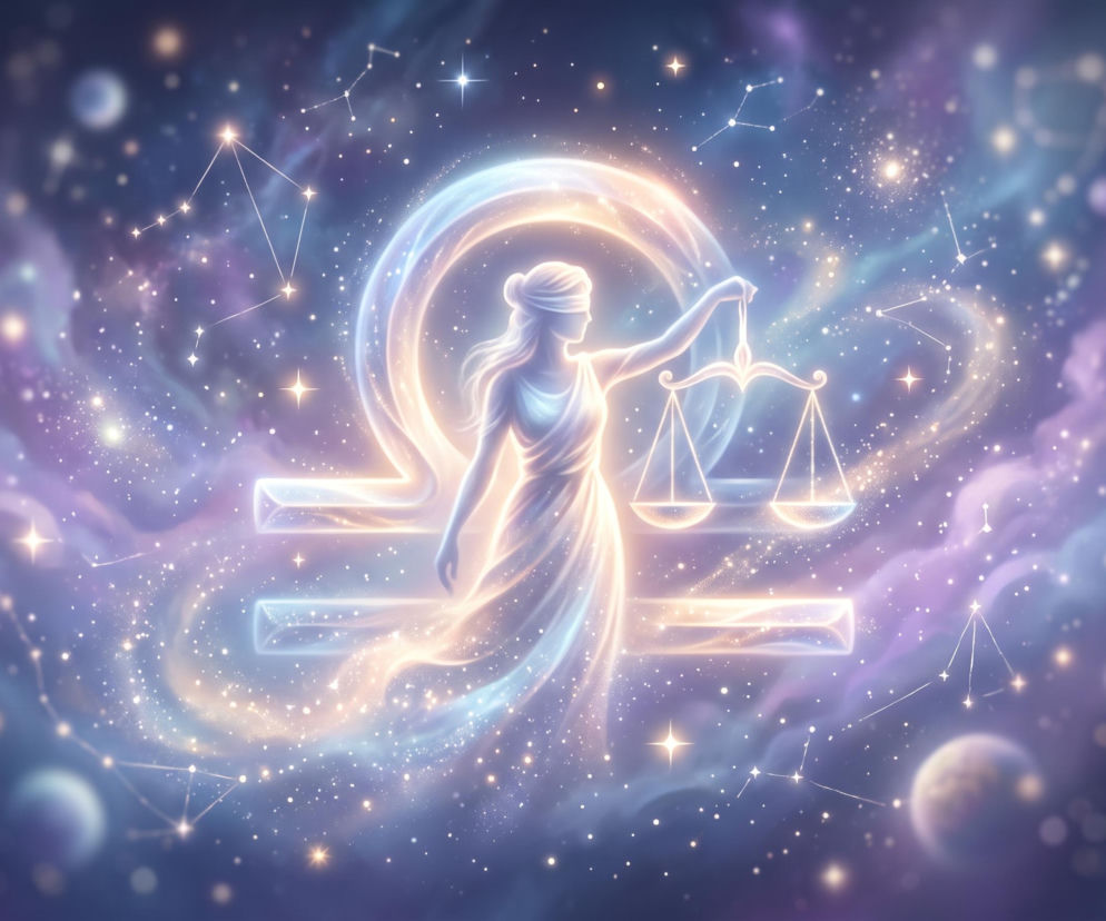 Świetlista postać kobiety z wagą na tle kosmosu i symbolu zodiaku. O horoskopie dla Wagi przeczytasz w serwisie Eska.