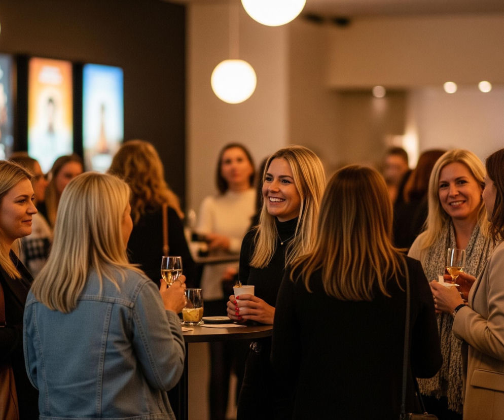 Grupa kobiet stojących i rozmawiających w słabo oświetlonym pomieszczeniu. W centralnej części obrazu widoczna jest kobieta o długich, blond włosach, ubrana w ciemny golf, uśmiechnięta i patrząca w lewo, trzymająca w dłoni biały kubek. Otacza ją kilka innych kobiet, z których niektóre trzymają kieliszki z napojem, a inne opierają się o wysoki, okrągły stolik. Tło jest ciemne z kilkoma jasnymi, okrągłymi lampami sufitowymi oraz dwoma podświetlonymi plakatami lub ekranami po lewej stronie.