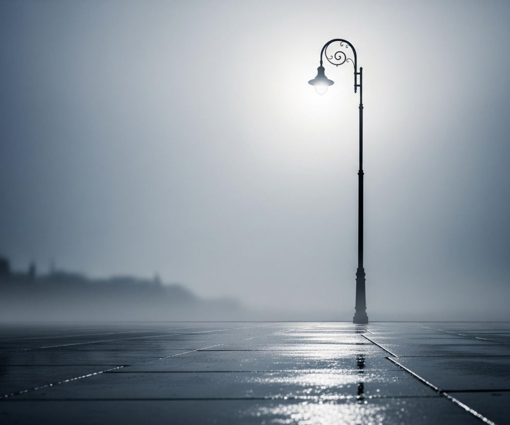 W centrum obrazu stoi ciemna, kuta latarnia uliczna z zapaloną, jasną żarówką, oświetlającą otoczenie. Znajduje się ona na pierwszym planie, na mokrej, wyłożonej kwadratowymi płytami nawierzchni, która odbija światło z lampy i wydaje się być pokryta wodą lub szronem. Horyzont jest zamglony i mlecznobiały w pobliżu latarni, przechodząc w ciemniejsze, zamazane sylwetki budynków lub drzew w oddali po lewej stronie, które toną w głębokiej szarości. Cała scena utrzymana jest w chłodnych, monochromatycznych odcieniach szarości i błękitu, z jasnym punktem światła wokół latarni.