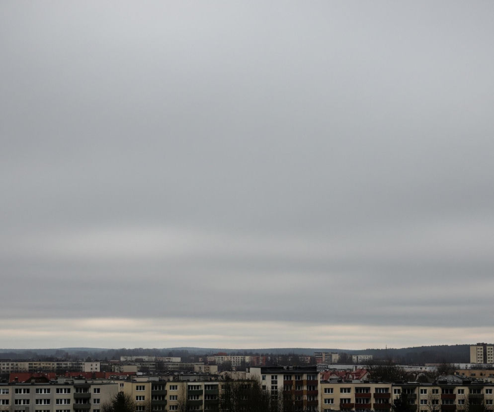 Połowę górną kadru zajmuje jednolite, szare, zachmurzone niebo. Poniżej rozciąga się miejski krajobraz z licznymi blokami mieszkalnymi o jasnych elewacjach i ciemnych dachach, niektóre z balkonami, rozmieszczonymi na kilku planach. Horyzont zamyka pas ciemnych drzew, widocznych również na dalszych planach, tworzących zalesione wzgórza pod niemal jednolitym pasem chmur na linii wzroku.