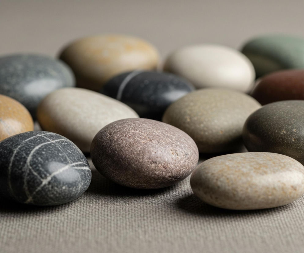 Na obrazie widoczna jest grupa kilkunastu gładkich kamieni o różnorodnych barwach i kształtach, ułożonych luźno na tekstylnej powierzchni o drobnym splocie. Większość kamieni jest owalna, choć ich rozmiary nieznacznie się różnią; dominują odcienie szarości, brązu, beżu, z pojedynczymi akcentami zieleni i czerni. Niektóre kamienie posiadają delikatne smugi lub drobne plamki na powierzchni, a oświetlenie tworzy miękkie cienie i refleksy na ich gładkiej fakturze.