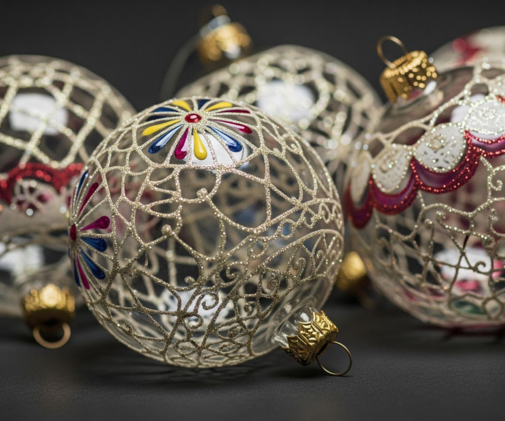 Na ciemnym, teksturowanym tle ułożone są cztery ozdobne, przezroczyste bombki. Centralna bombka pokryta jest misternym, złotym brokatowym wzorem przypominającym sieć, z kolorowymi, spłaszczonymi kroplami w odcieniach czerwieni, żółci, różu i błękitu, układającymi się w kształt kwiatu na jej szczycie. Po prawej stronie widać bombkę z brokatowymi, falistymi wzorami w kolorach czerwieni i bieli, a pozostałe dwie, mniej ostre, również posiadają brokatowe zdobienia. Wszystkie bombki mają złote, błyszczące zawieszki z niewielkim kółkiem u góry.