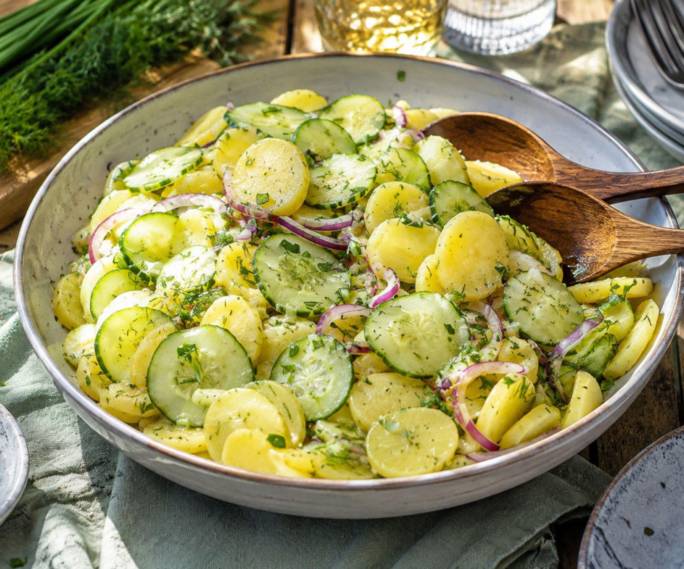 Niemiecki klasyk w letniej wersji. Do ziemniaków dodaję świeżego ogórka i kwaśny dressing