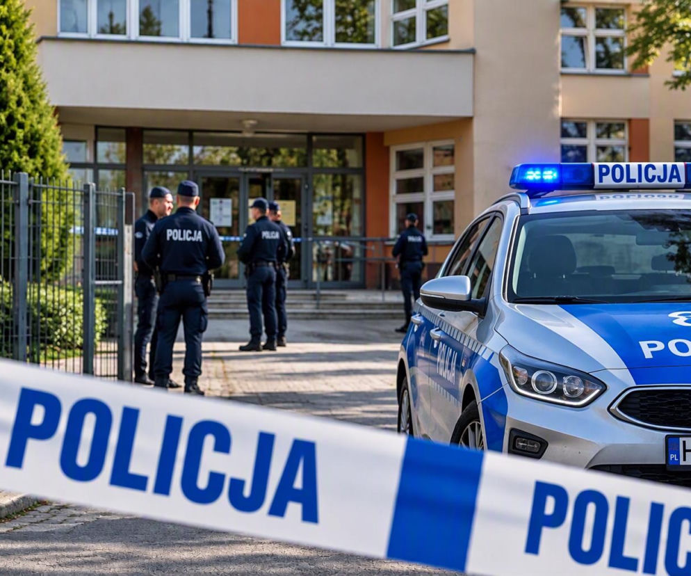 Radiowóz i policjanci przed szkołą w Pępowie odgrodzoną taśmą. O incydencie z nożem przeczytasz na Eska Poznań.