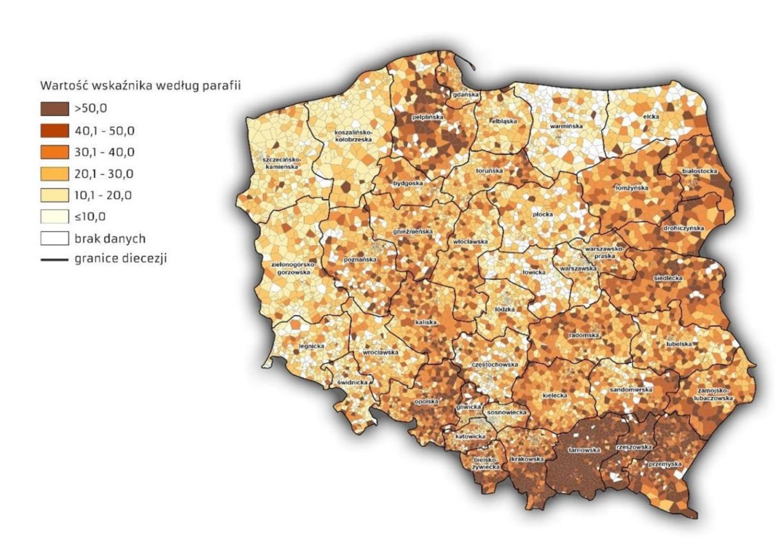 Wskaźnik dominicantes w 2023 roku według parafii w procentach