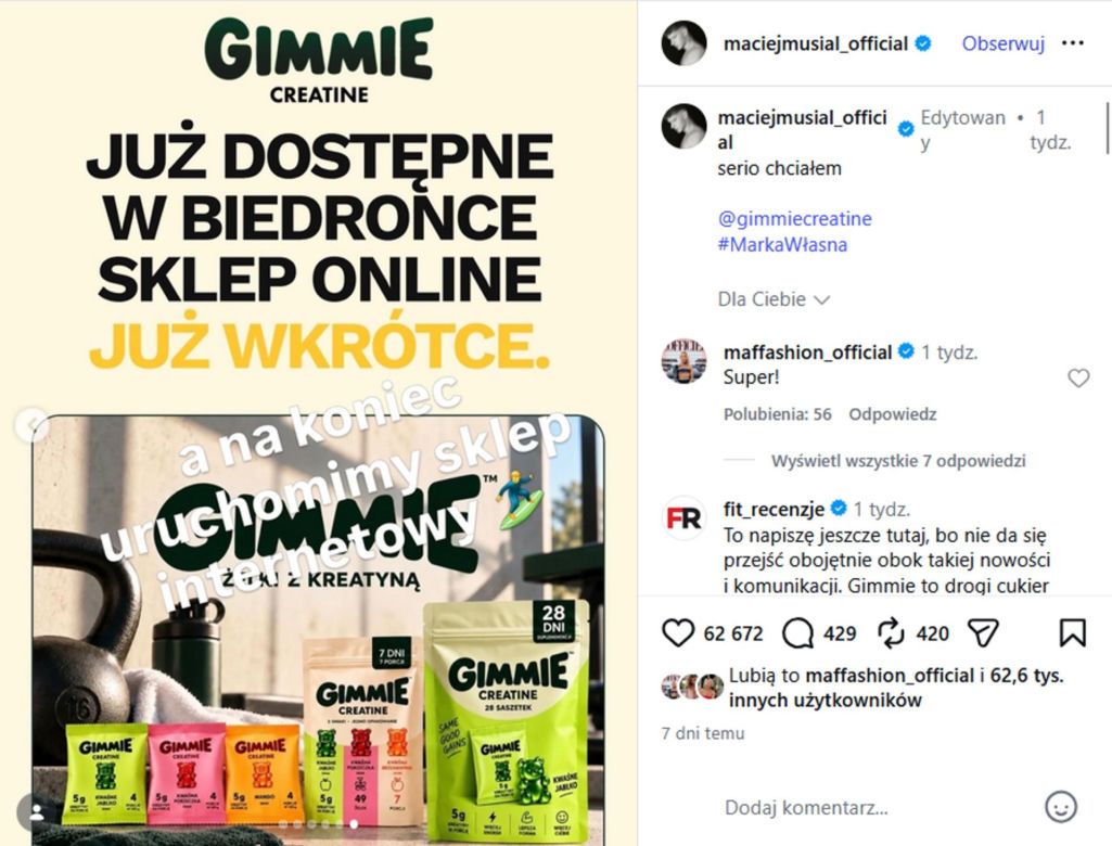 Maciej Musiał rusza z własną marką. Jego żelki z kreatyną trafiły do Biedronki
