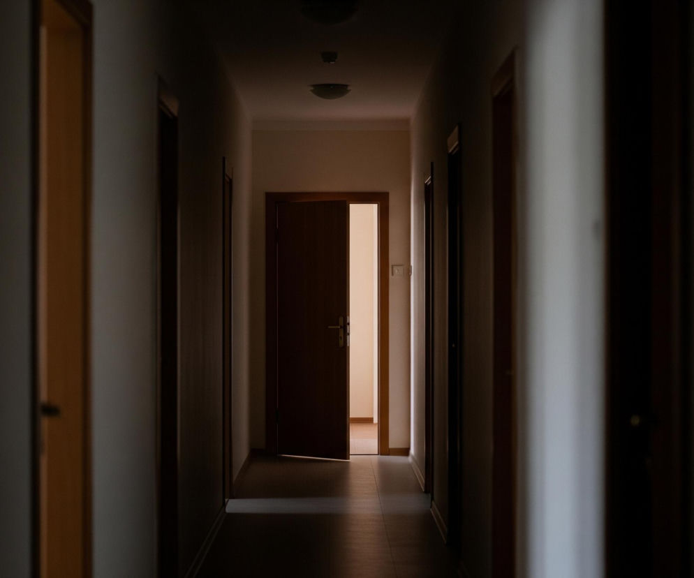Długi, ciemny korytarz z wieloma drzwiami rozciąga się w głąb obrazu. Pośrodku kadru, na wprost widza, znajdują się uchylone ciemne drzwi, zza których widać jasne wnętrze pomieszczenia o beżowych ścianach i drewnianej podłodze, oświetlone ciepłym światłem. Wzdłuż ścian korytarza widoczne są kolejne ciemne drzwi, niektóre z jasnymi ościeżnicami, a podłoga jest wykonana z ciemnych, podłużnych paneli. Sufit korytarza jest jasny, z widocznymi na nim dwoma okrągłymi lampami sufitowymi.