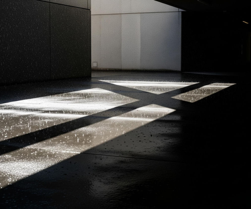 Na pierwszym planie widoczny jest mokry, ciemny chodnik, na którym odbija się światło słoneczne, tworząc jasne plamy i linie. Promienie słońca rzucają ostry cień w kształcie litery X lub skrzyżowanych pasów, częściowo rozświetlając krople wody na powierzchni. Tło stanowi narożnik budynku: po lewej stronie ciemna, pionowa ściana pokryta drobnymi, jasnymi kropkami, a po prawej jasna ściana z teksturą przypominającą kropkowany beton. W dalszej perspektywie, po prawej stronie, widać ciemny, zadaszony korytarz, prowadzący do słabo oświetlonego wnętrza z widocznymi prostokątnymi kształtami i podłużnymi lampami.