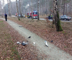 Groźny wypadek pod Bydgoszczą! Kierowca zakleszczony w aucie po uderzeniu w drzewo