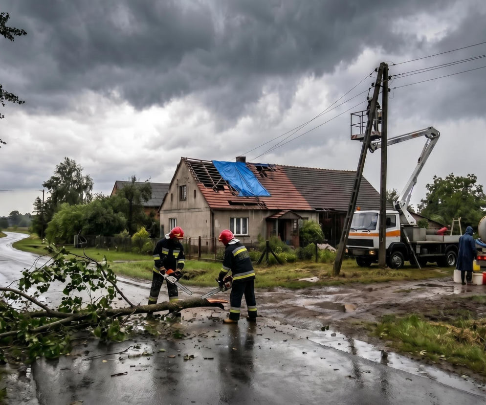Strażacy tną powalone drzewo na drodze. W tle dom z zerwanym dachem i cysterna. O skutkach burz przeczytasz w Eska.