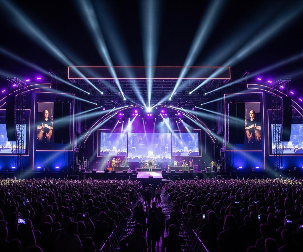 Koncert na świeżym powietrzu, odbywający się nocą, przedstawia rozbudowaną scenę wypełnioną oświetleniem i ekranami LED. Scena ma dwa duże boczne ekrany z wizerunkiem mężczyzny w czarnej koszuli, centralne ekrany wyświetlają panoramiczny widok miasta, natomiast na platformie sceny widoczni są muzycy. Nad sceną i z jej boków emitowane są silne, białe i fioletowe promienie światła, tworzące dramatyczny efekt wizualny, który rozciąga się w górę i na boki, oświetlając niebo. Poniżej sceny, na pierwszym planie, gromadzi się ogromny tłum ludzi, z których wielu trzyma w górze telefony komórkowe, rejestrując wydarzenie.