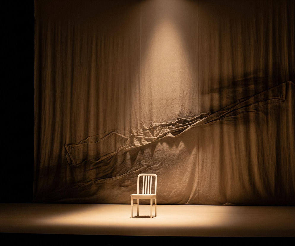 Na pustej scenie teatralnej stoi jasne, drewniane krzesło z czterema pionowymi szczebelkami w oparciu, ustawione centralnie przodem do widza. Scena oświetlona jest punktowym, ciepłym światłem padającym od góry, tworzącym rozświetloną plamę na podłodze wokół krzesła. Tło stanowi pomarszczona, jasnobrązowa kurtyna, na której widoczne są nieregularne fałdy i załamania. Po obu stronach kurtyny oraz na pierwszym planie po prawej i lewej stronie widoczne są ciemne, czarne elementy, sugerujące boczne kulisy i przód sceny.