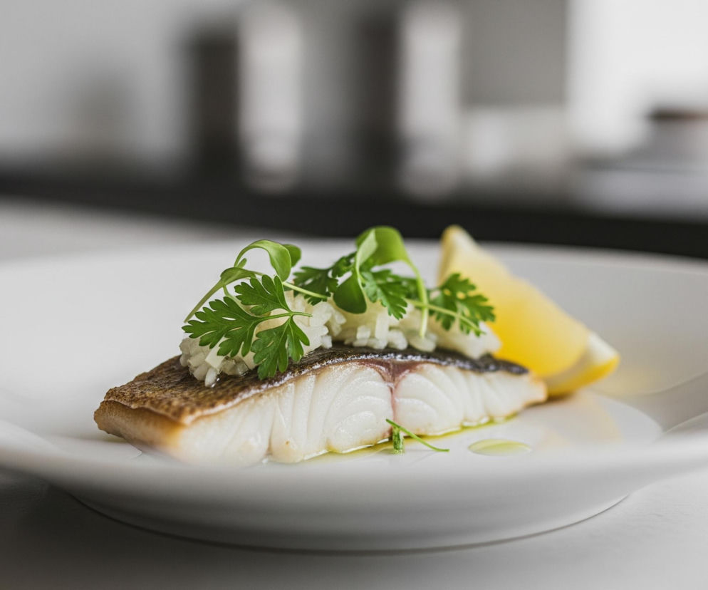 Na białym, okrągłym talerzu leży kawałek pieczonej ryby ze złocistą skórką. Na rybie ułożona jest stosik posiekanej cebuli oraz gałązki świeżej natki pietruszki, a obok znajduje się żółta ćwiartka cytryny. Pod rybą widoczne są drobne kropelki oleju. Talerz spoczywa na jasnej powierzchni, a tło jest rozmyte, z niewyraźnymi ciemniejszymi i jaśniejszymi fragmentami.