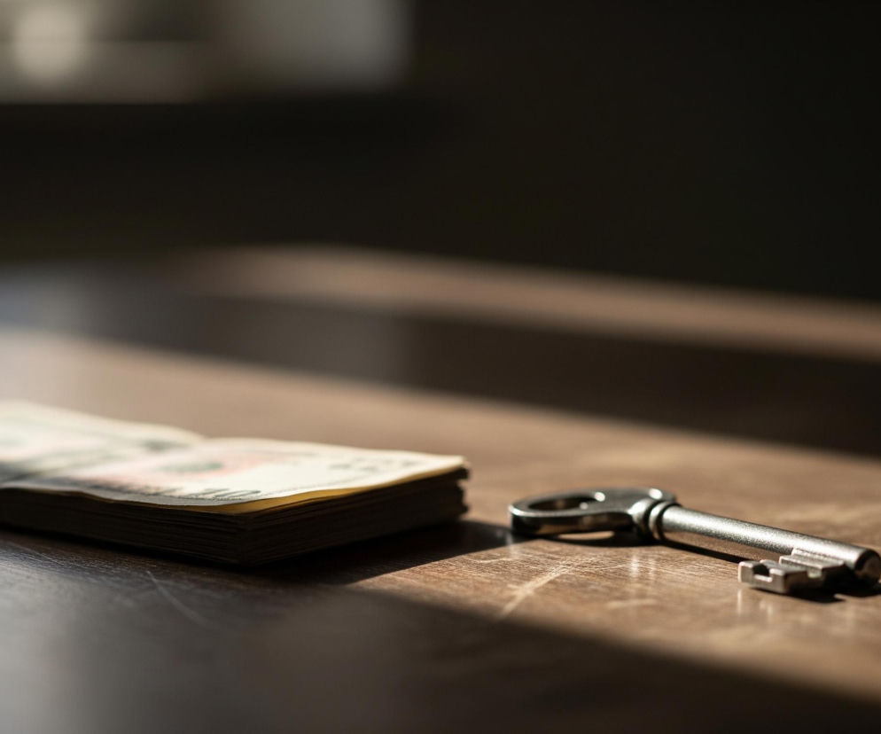 Na ciemnobrązowej, drewnianej powierzchni leży plik banknotów i jeden srebrny klucz. Banknoty ułożone są w stos po lewej stronie kadru, a klucz znajduje się nieco bardziej po prawej stronie. Na obiektach i powierzchni widoczne są wyraźne pasma światła i cienia, padające ukośnie z lewej górnej części zdjęcia. Tło jest ciemne i rozmyte, z niewyraźną smugą światła w górnej, środkowej części.