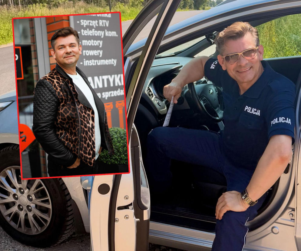 Szczupły Zenek Martyniuk w stroju policjanta przy aucie. Na miniaturze muzyk przed dietą. O metamorfozie przeczytasz na SE.