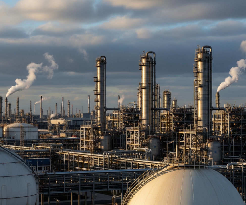Duża rafineria ropy naftowej rozciąga się w poprzek kadru pod częściowo zachmurzonym niebem. Na pierwszym planie widoczne są dwie duże, białe, kuliste zbiorniki, częściowo oświetlone złotym światłem. Za nimi rozciąga się gęsty labirynt srebrzystych rur, kolumn destylacyjnych i struktur kratownicowych, z których niektóre wydobywają biały dym. Chmury na niebie są mieszanką ciemnoszarych i jaśniejszych, podświetlonych obszarów.